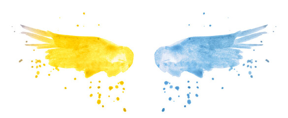 Abstract yellow and blue watercolor wings in colors of Ukrainian flag, symbol of peace and freedom