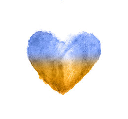 Abstract yellow and blue watercolor heart in colors of Ukrainian flag, symbol of peace