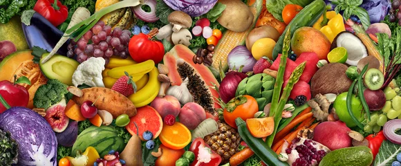 Tuinposter Groente- en fruitachtergrond of Veganistisch en veganisme of gezond voedsel als een groep vers rijp fruit en noten met bonen als dieetsymbool voor het eten van groen biologisch natuurlijk voedsel. © freshidea