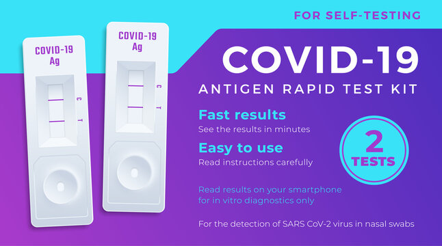 COVID-19 Antigen Fast Self Test Label Template. Medical Corona Virus Nasal Swab Diagnostic Kit Vector Packaging Design Layout. Modern Typography Banner with Realistic Test Devices Background Isolated