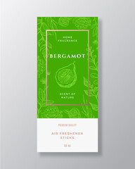 Bergamot Home Fragrance Abstract Vector Label Template. Hand Drawn Sketch Flowers, Leaves Background and Retro Typography. Premium Room Perfume Packaging Design Layout. Realistic Mockup Isolated