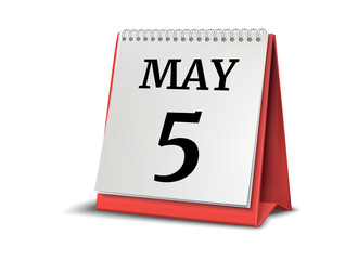 Calendar on white background. 5 May. 3D illustration.