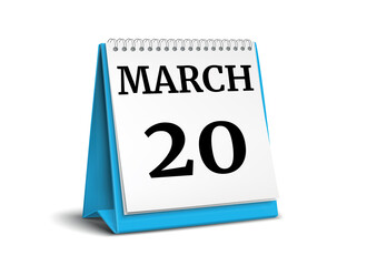 March 20 date on the flip calendar page, 3D rendering