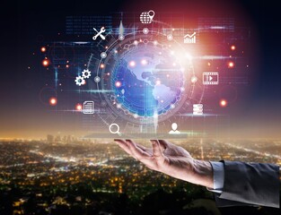Business man showing the future world. Global Internet connection application technology.