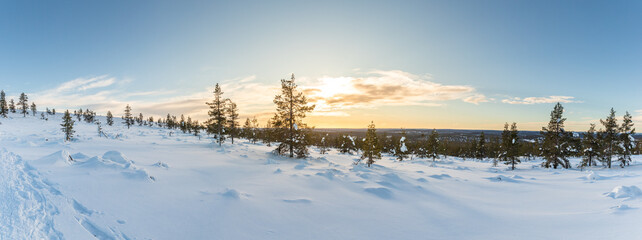 Paysage d'une forêt enneigée au coucher du soleil en Laponie Finlandaise. 