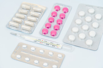 Capsules pills and tablets in blister packaging. Isolated