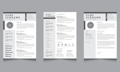 Professional CV, Clean Resume, Cover Letter Layout Set with Grey Header Accents design