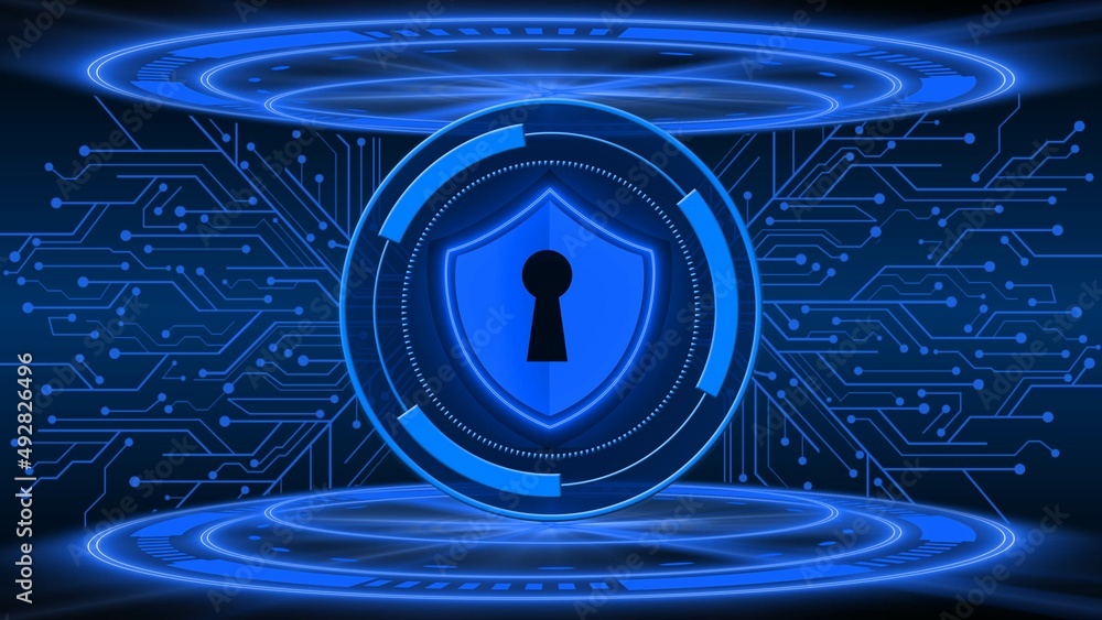 Poster abstract 3d graphic illustration for cyber security concept - protective cyber shield in circle fram