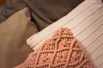 cozy set of pillows with pillowcases of different materials and textures textiles 