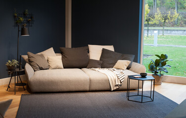 cozy inteligent grey sofa placed by french window cold color scheme