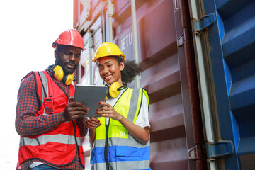A female engineer and a young African-American man monitor and supervises the loading of containers at a commercial shipping port. Happy to use the concept of teamwork. import-export import-export