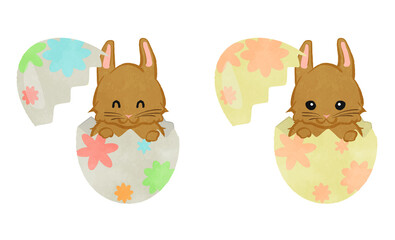 Illustration set of cute rabbits popping out of Easter eggs　02