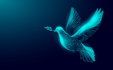 Low poly art dove of peace. World Day pigeon hope emblem against military conflict violence poster drawing sketch. National bird stop no war vector illustration