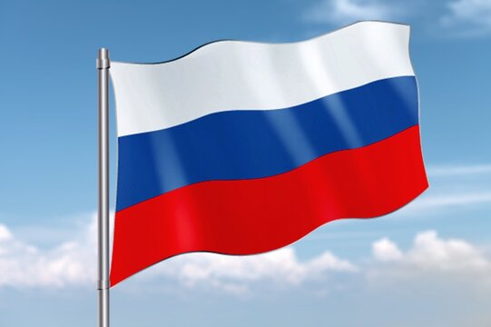 Russian tricolor flag waving in the wind against sky.