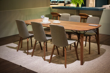 cozy dining set of table and upholstered chairs for six people