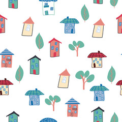 Pattern seamless kids with home doodle coloring element. house pattern, cute colorful homes, funny children decor.