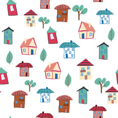 Pattern seamless kids with home doodle coloring element. house pattern, cute colorful homes, funny children decor.