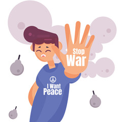 Isolated man protesting showing his hand Stop war concept Vector