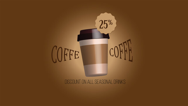 Coffee gift card. Happy hour discount. Dark brown background vector. Template Coffee Shop.