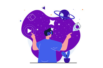 Cyberspace modern flat concept for web banner design. Man in VR glasses explores simulated space and planets in augmented reality. Interactive education. Illustration with isolated people scene