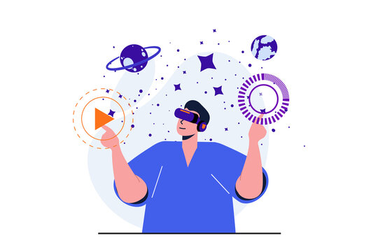 Cyberspace modern flat concept for web banner design. Man in VR headset interacts with buttons and multimedia elements in simulated space with planets. Illustration with isolated people scene
