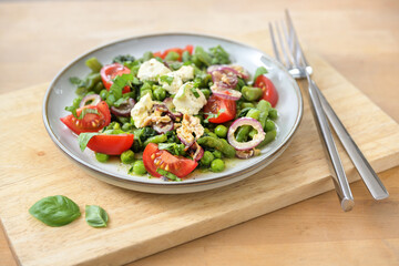 Healthy dish from green vegetables like peas, beans and spinach with braised onions, feta cheese and tomatoes for a vegetarian low carb diet, copy space, selected focus