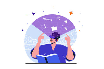 Cyberspace modern flat concept for web banner design. Man in VR glasses studying book and gaining knowledge in augmented virtual reality simulation. Illustration with isolated people scene