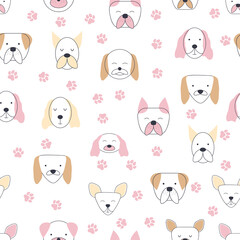 Seamless childish pattern with dog animal faces. Creative nursery background
