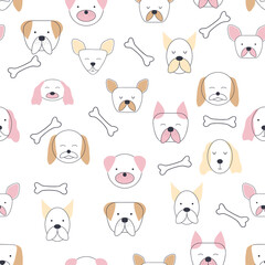 Seamless childish pattern with dog animal faces. Creative nursery background
