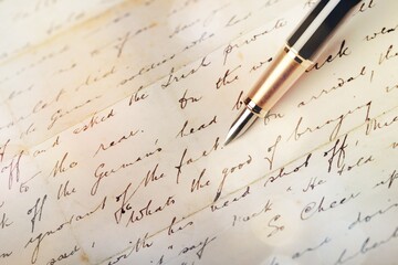 Fountain pen on an antique handwritten letter. Vintage and handwritten english cursive style