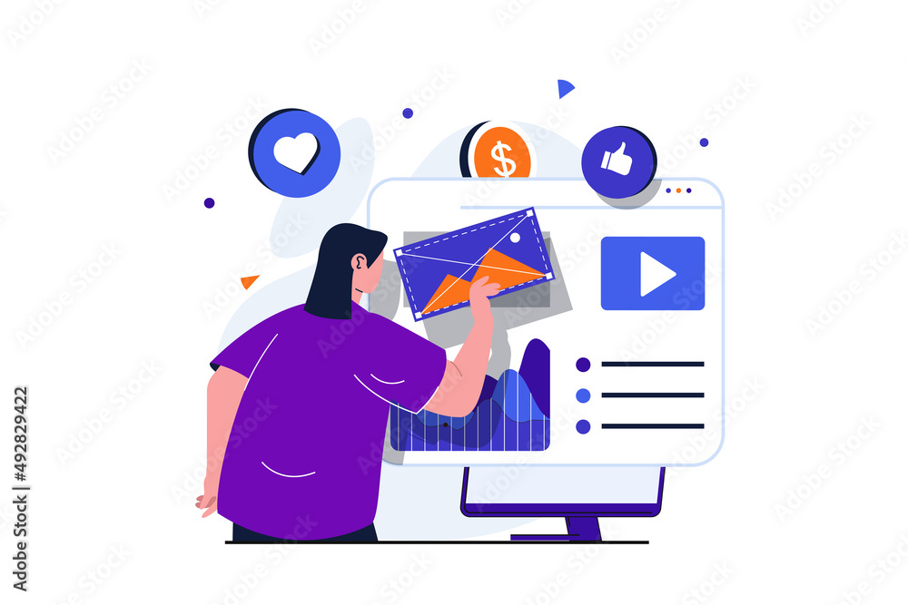 Aufkleber digital marketing modern flat concept for web banner design. marketer publishes advert content and a