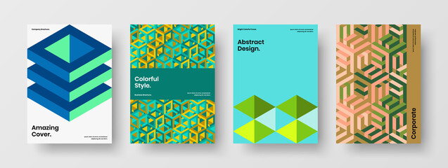 Fototapeta premium Clean geometric shapes company brochure illustration set. Abstract book cover A4 design vector template bundle.