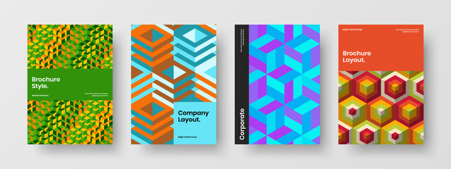 Premium mosaic hexagons journal cover illustration bundle. Bright company identity vector design concept composition.