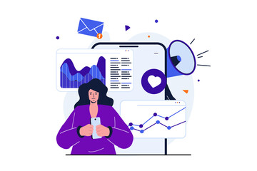 Digital marketing modern flat concept for web banner design. Woman analyzes data from advertising campaigns and studies market to promote e-business. Illustration with isolated people scene