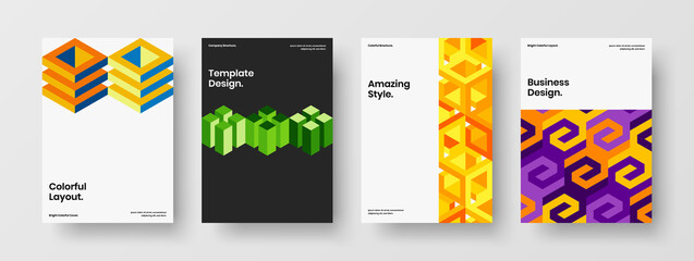 Bright corporate brochure design vector concept collection. Minimalistic mosaic shapes pamphlet layout bundle.