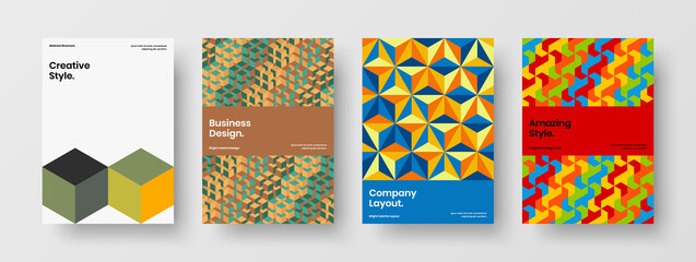 Fototapeta premium Bright mosaic pattern annual report template bundle. Vivid corporate brochure A4 vector design illustration composition.