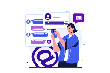 Email service modern flat concept for web banner design. Woman communicates online using chats, instant messengers and email, networking at mobile phone. Illustration with isolated people scene