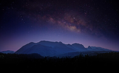Landscape with Milky Way. Night sky with stars on the mountain