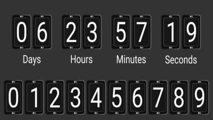 Flip scoreboard countdown counter timer. Countdown board of remaining time with day, hour, minute and second scoreboards. Vector illustration.