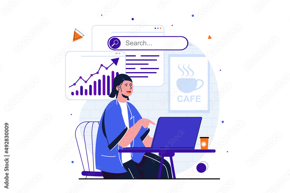Poster freelance working modern flat concept for web banner design. woman manager analyzes data from laptop