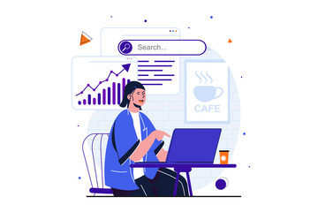 Freelance working modern flat concept for web banner design. Woman manager analyzes data from laptop, working online while sitting at table in cafe. Illustration with isolated people scene