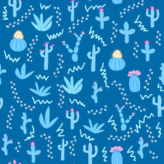Seamless patterns with different cacti. Bright repeating texture with blue cacti. Background with desert plants.