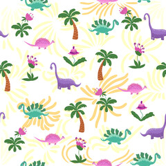 Hand drawn cute dinosaurs seamless pattern. Childrens pattern with dinos, rainbows, clouds, stars, polka dots