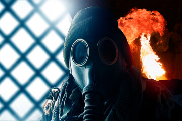 Stalker  in gas mask, post apocalyptic fantasy photo.