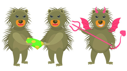 Set Abstract Collection Flat Cartoon Different Animal Porcupine Devil With Horns And Trident, Takes A Bribe Vector Design Style Elements Fauna Wildlife