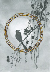 The gray heron stands in the lake. Japanese vintage paper. Gold frame Illustration .Posters with Asian motifs.Birds in the reed.Print on the wall, postcard, invitation.