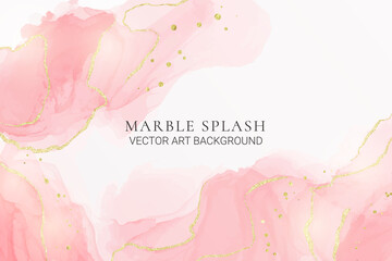 Rose pink liquid watercolor background with golden lines. Royal elegant blush marble alcohol ink drawing effect. Bridal vector illustration for wedding invitation, menu, rsvp design