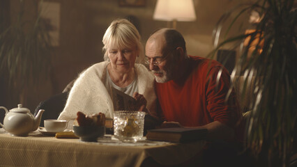 Happy aged husband and wife smiling and discussing photos in album while sitting on couch near table in morning in cozy living room at home
