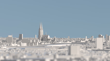White 3D city model of Cologne. Telephoto lens side view with Cologne Cathedral in focus.