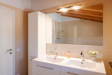 Fototapeta na wymiar Bathroom detail with sink, mirror and toilet. exposed wooden beams